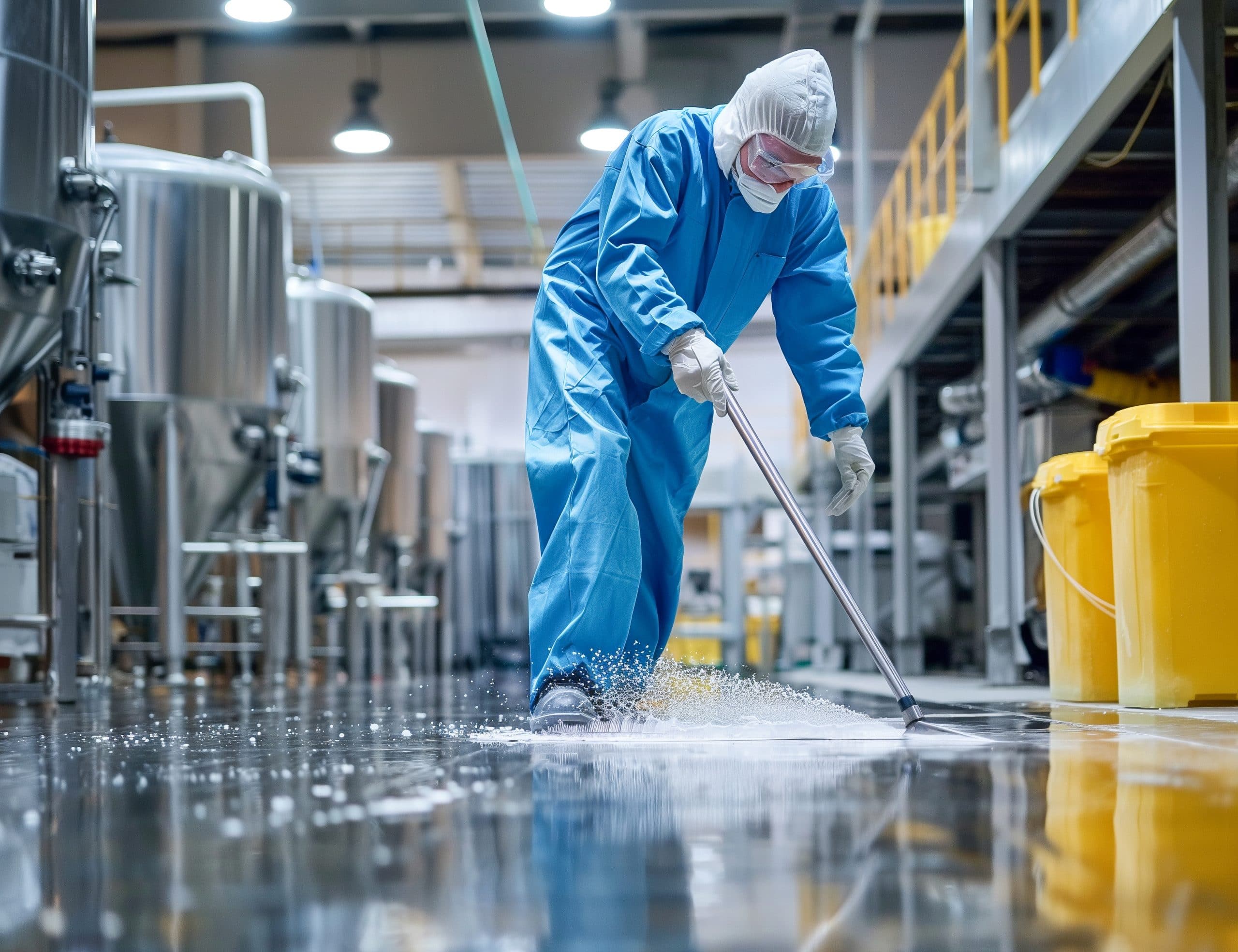 Profissional realizando limpeza industrial terceirizada em fábrica com uniforme de proteção e equipamentos adequados, garantindo segurança e higiene no ambiente de produção.