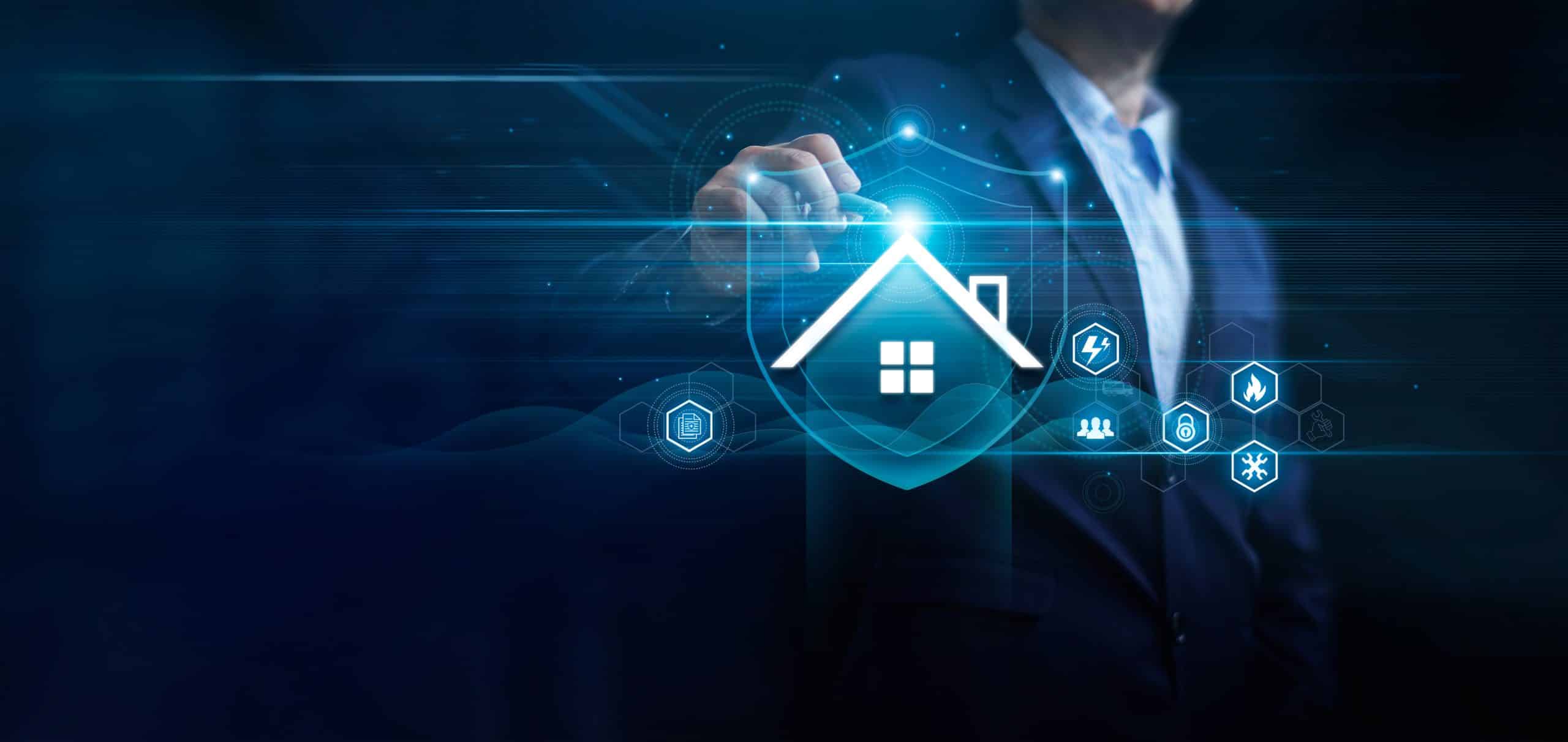 Ilustração de segurança patrimonial com tecnologia integrada, mostrando proteção de imóveis por meio de CFTV, controle de acesso, monitoramento e gestão de riscos empresariais